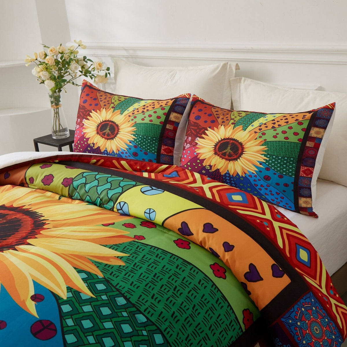 King Size Comforter Set 3-Piece Sunflower Floral Quilted Bedding & Pillowcases