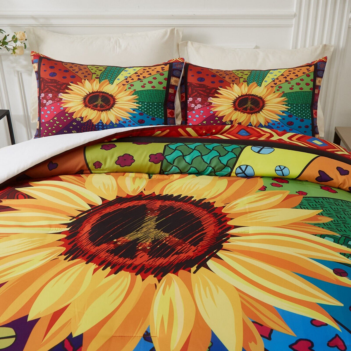 King Size Comforter Set 3-Piece Sunflower Floral Quilted Bedding & Pillowcases