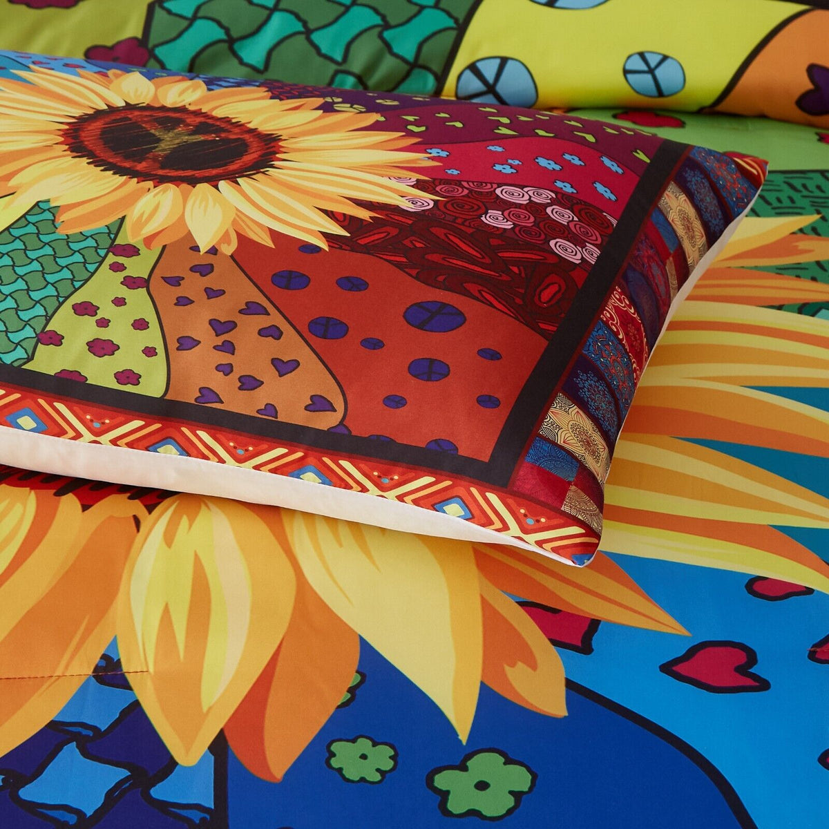 King Size Comforter Set 3-Piece Sunflower Floral Quilted Bedding & Pillowcases