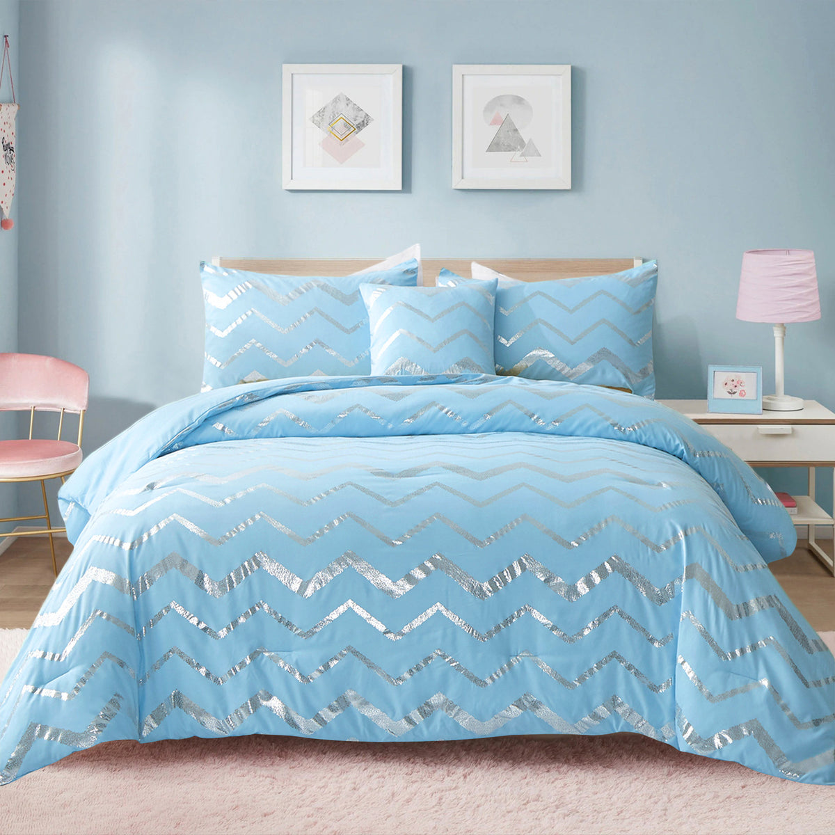 King Size Comforter Set 3-Piece Metallic Print Chic Microfiber Bedding & Shams