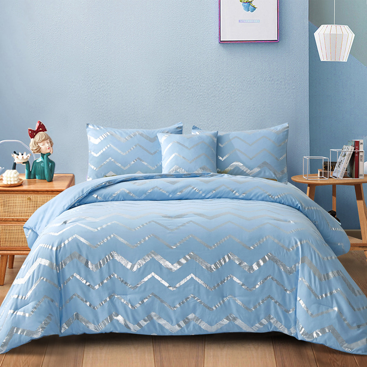 King Size Comforter Set 3-Piece Metallic Print Chic Microfiber Bedding & Shams