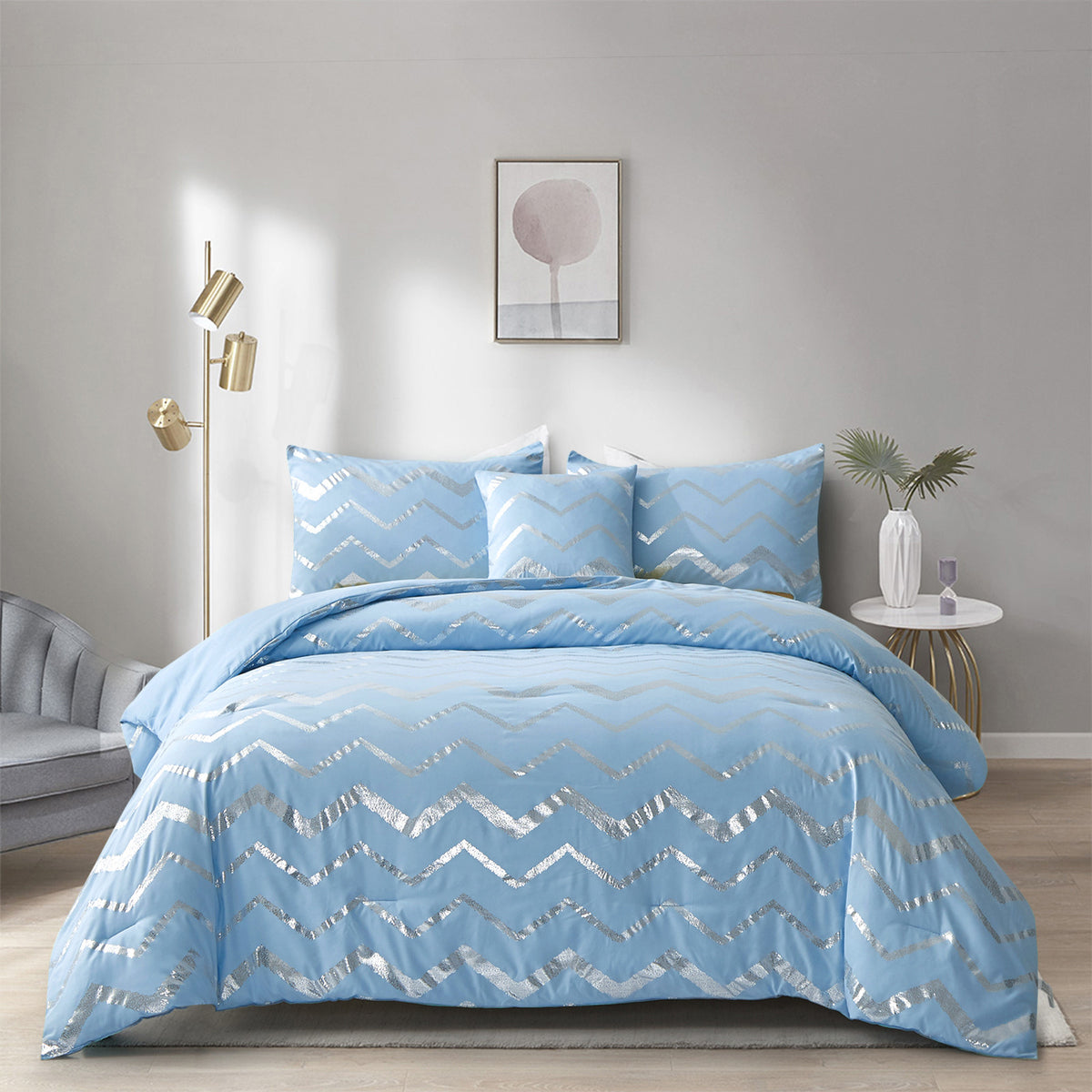 King Size Comforter Set 3-Piece Metallic Print Chic Microfiber Bedding & Shams