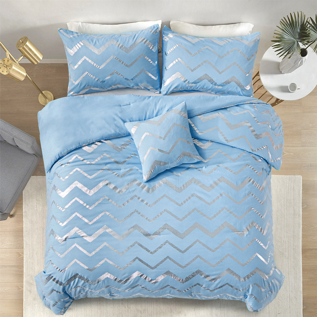 King Size Comforter Set 3-Piece Metallic Print Chic Microfiber Bedding & Shams
