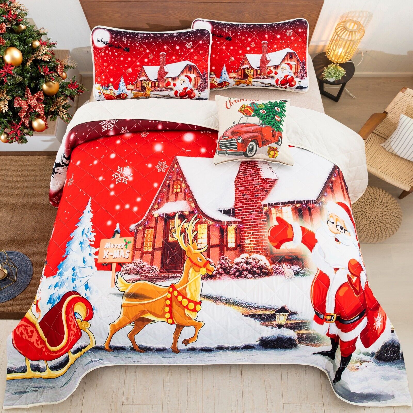 Holiday Cheer Christmas Queen Bedspread Set