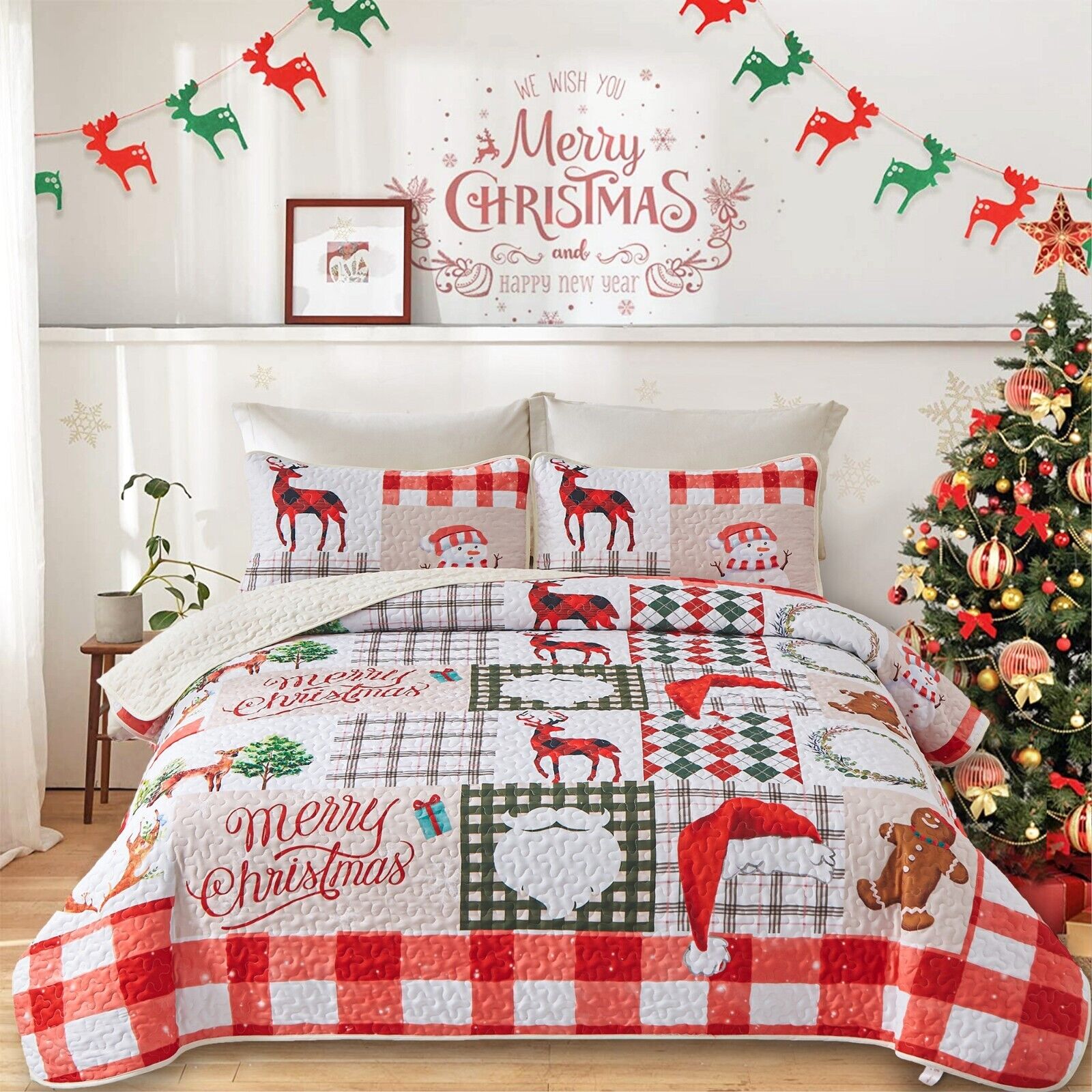 Joyful Santa & Reindeer Christmas Queen Bedspread Set