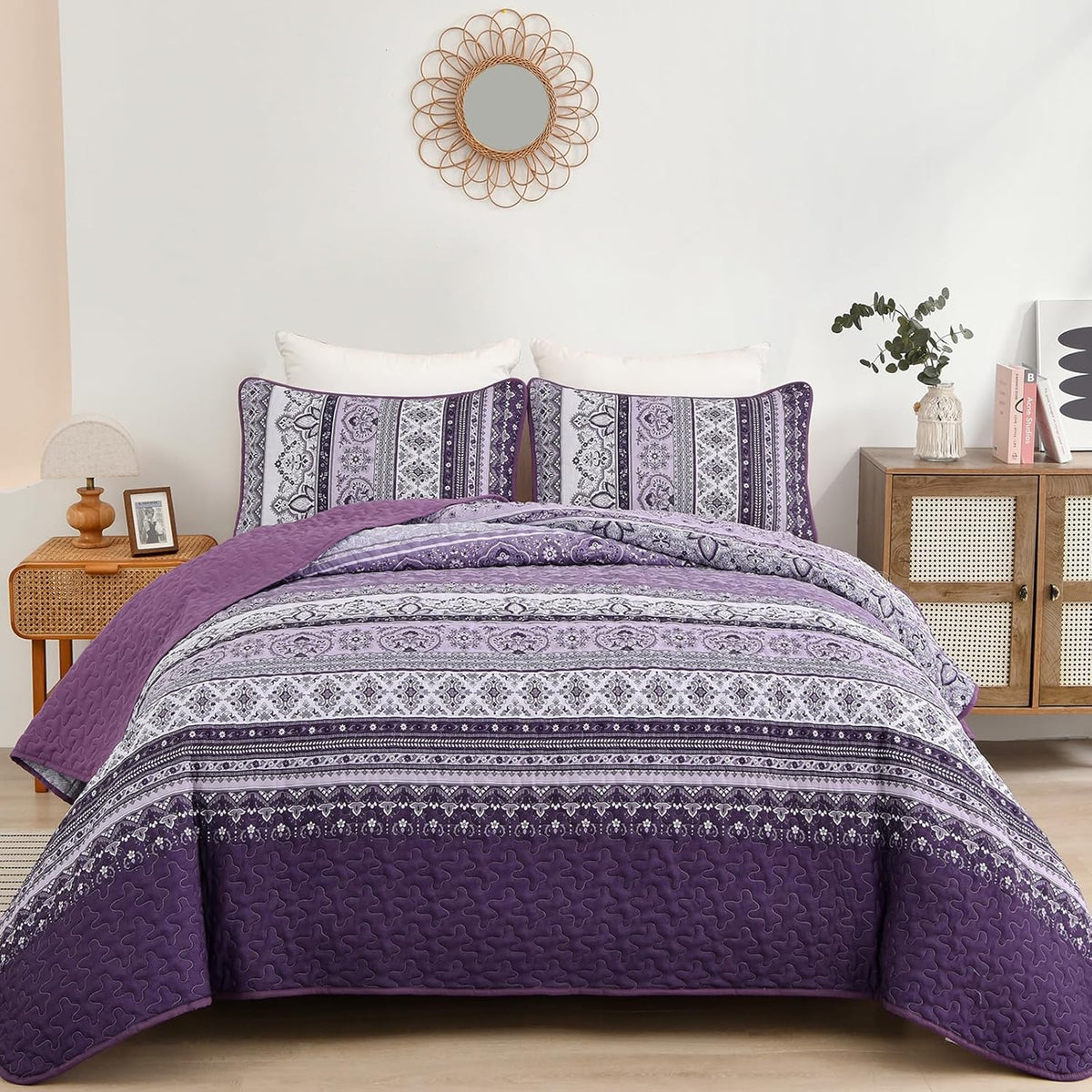 Elegant Peony Purple 3-Piece Queen Bedspread and Pillowcase Set, So Soft