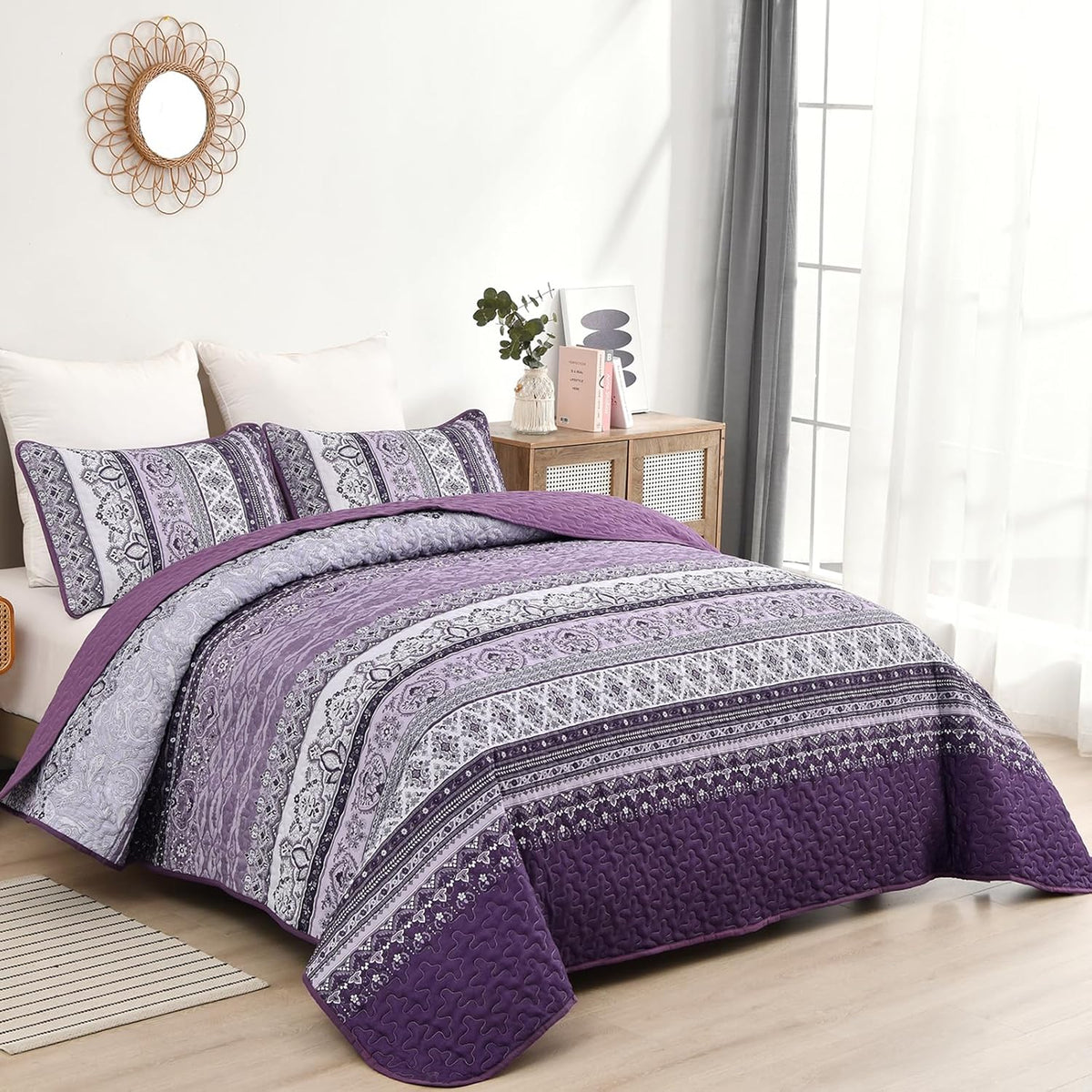 Elegant Peony Purple 3-Piece Queen Bedspread and Pillowcase Set, So Soft