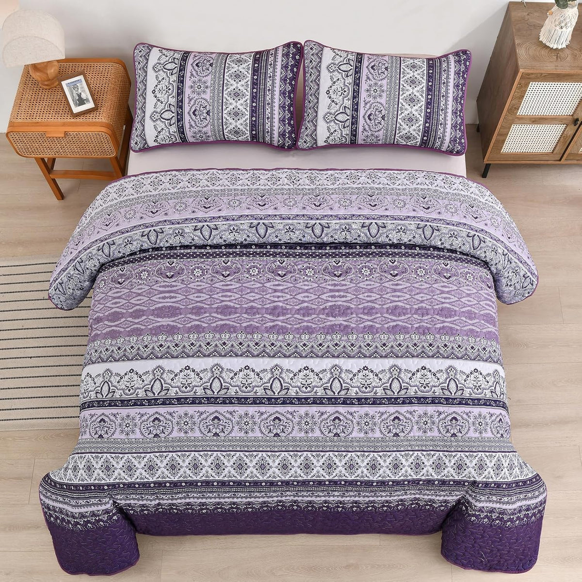 Elegant Peony Purple 3-Piece Queen Bedspread and Pillowcase Set, So Soft