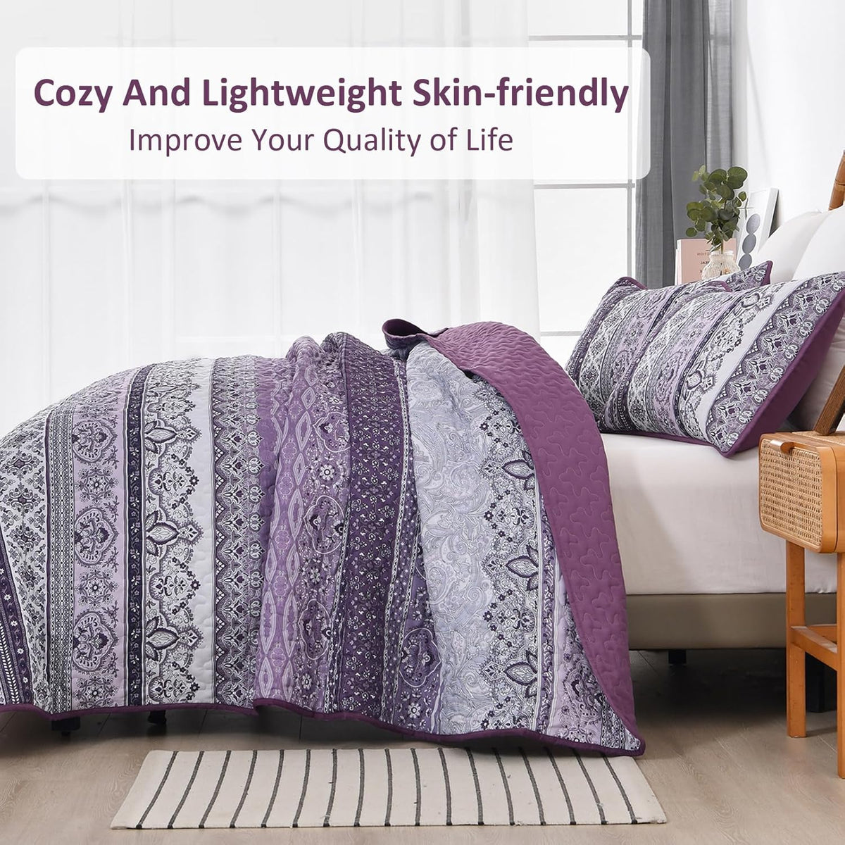 Elegant Peony Purple 3-Piece Queen Bedspread and Pillowcase Set, So Soft