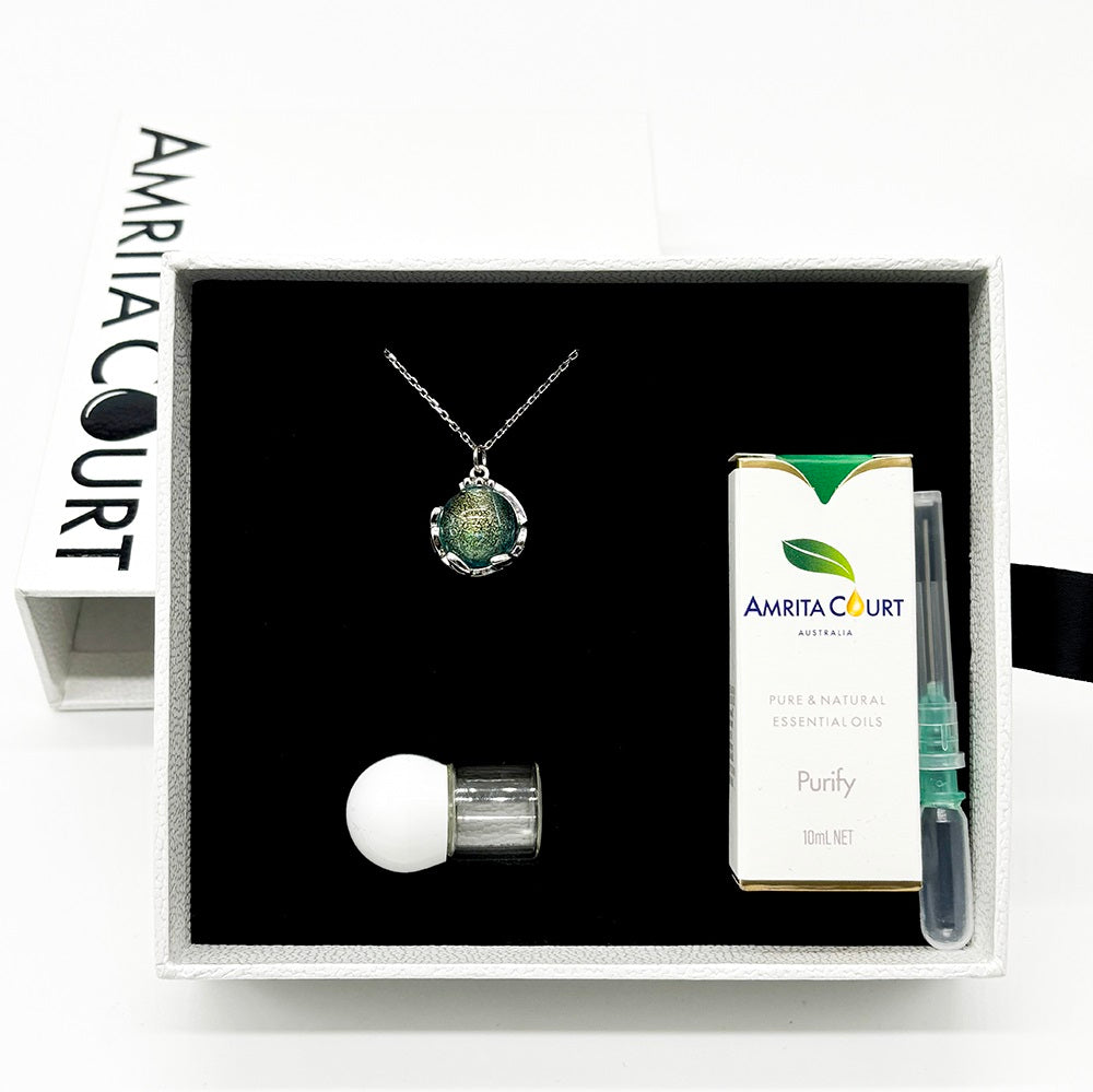 Gift Box - Aroma Necklace White Gold - Planet Celestial Aqua (Light Blue) + Purify Oil Blend