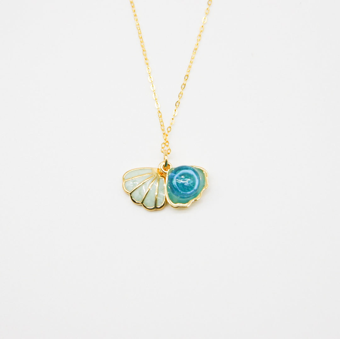 Gift Box - Aroma Necklace 925 Silver, Gold coated - Green Shell Ocean Breeze (Light blue) + Purify Oil Blend