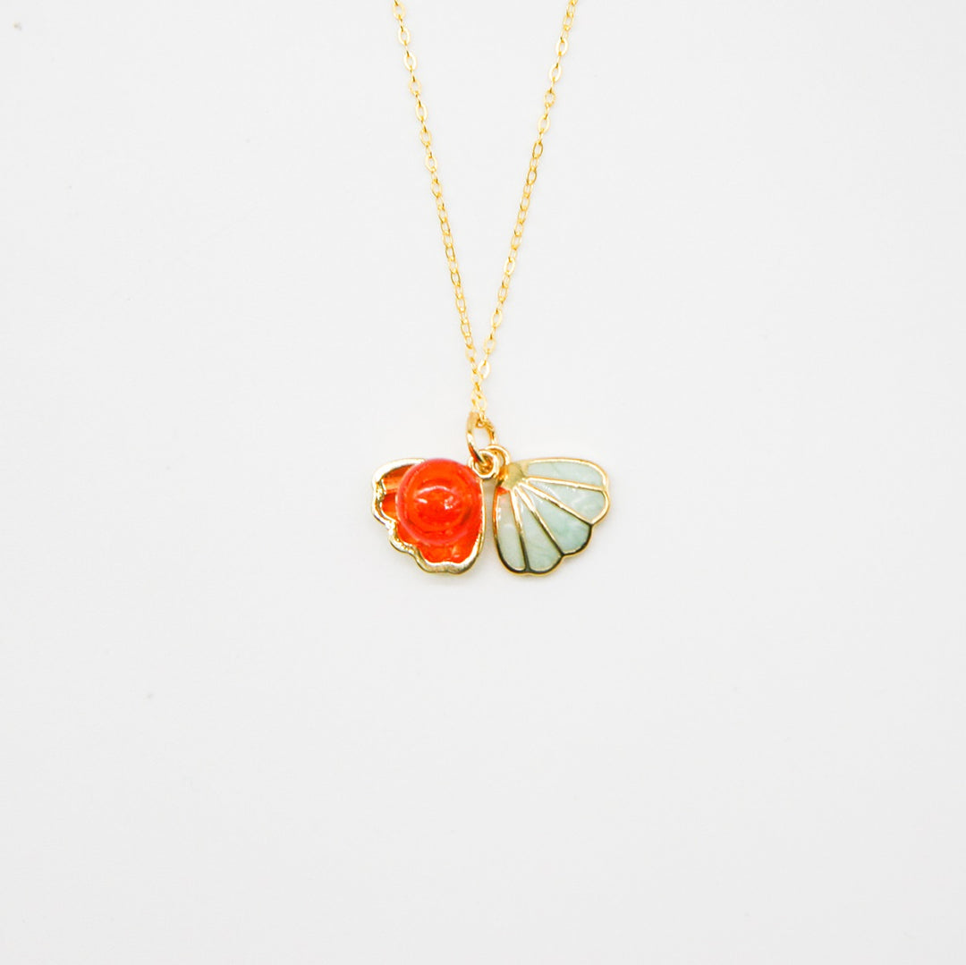 Gift Box - Aroma Necklace 925 Silver, Gold coated - Green Shell Sunset Coral (Bright Red Orange) + Purify Oil Blend