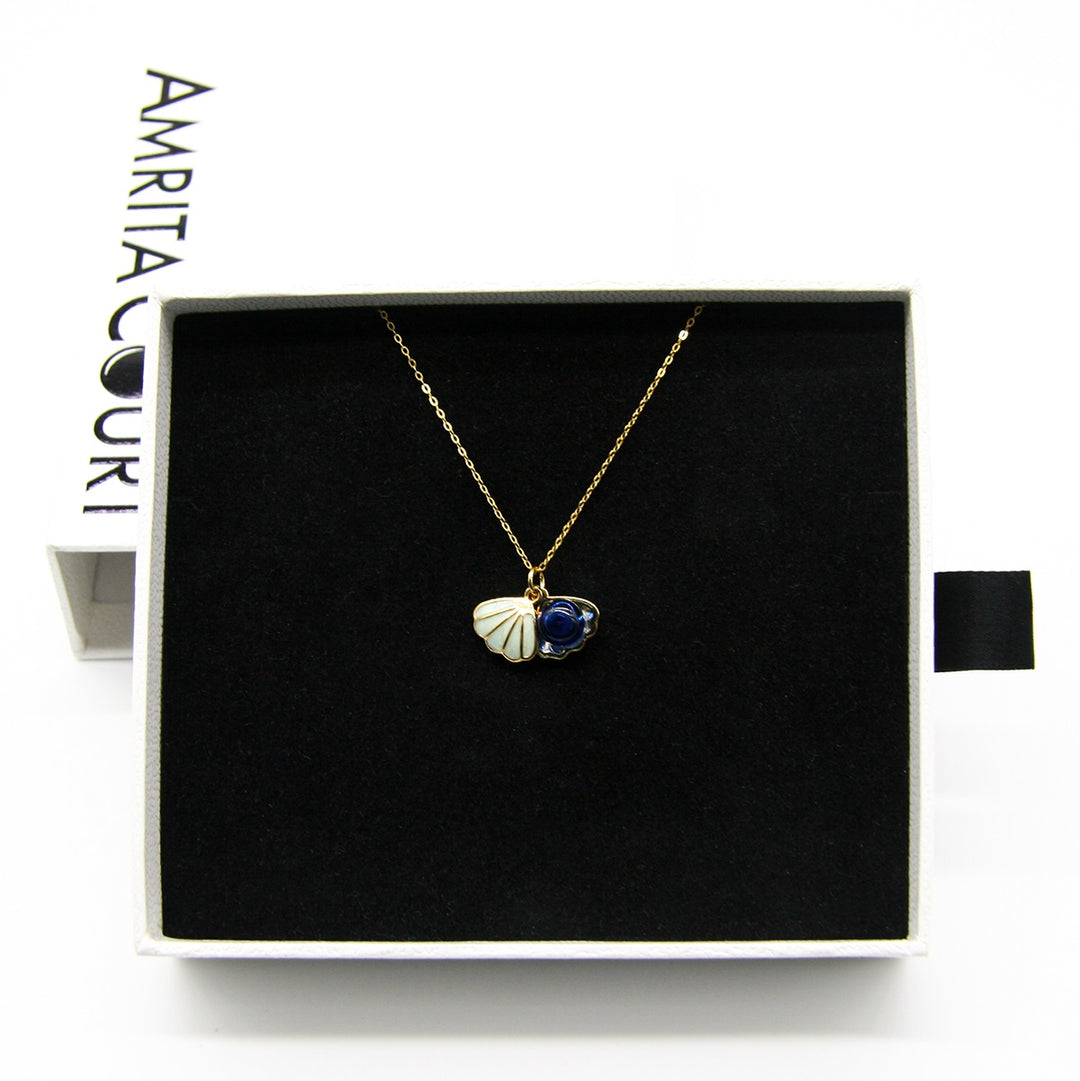 Gift Box - Aroma Necklace 925 Silver, Gold coated - Green Shell Ocean Depth (Dark Blue) + Purify Oil Blend