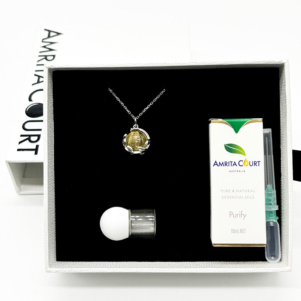 Gift Box - Aroma Necklace White Gold - Planet Jovian Gold (Golden Yellow) + Purify Oil Blend