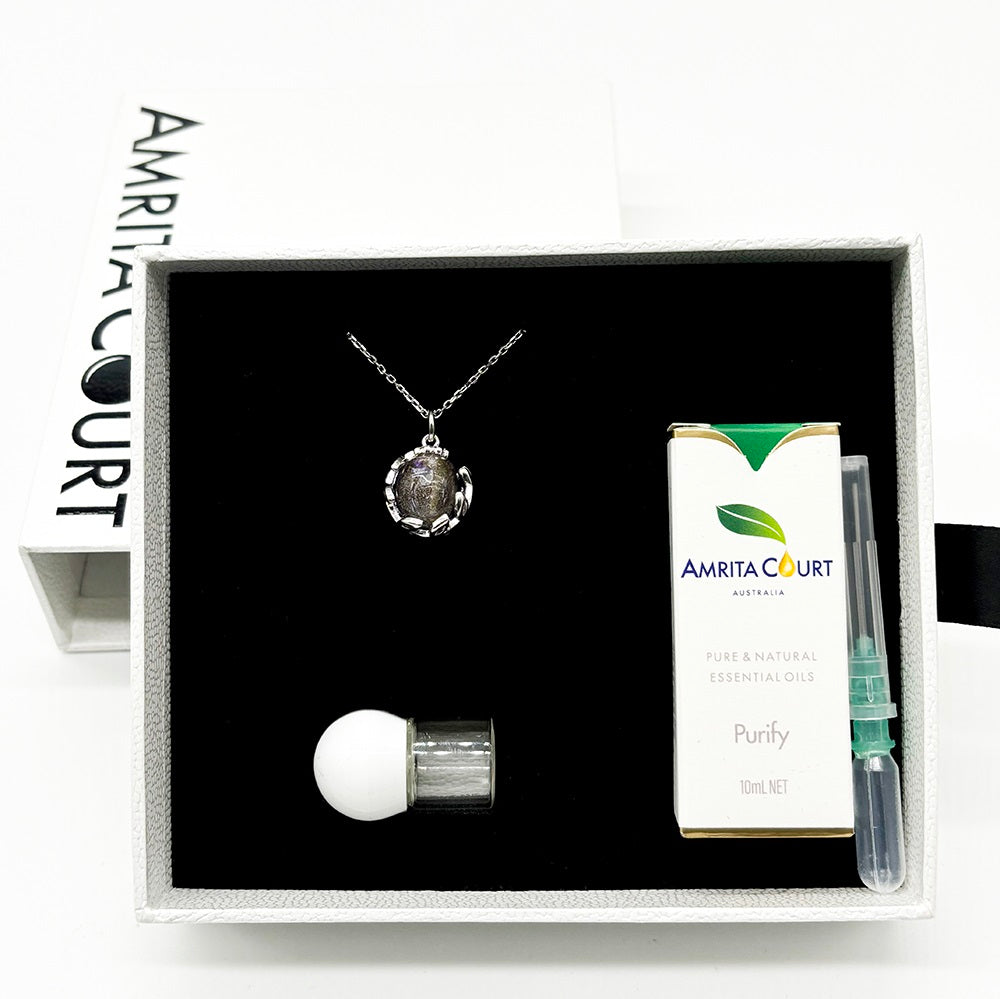 Gift Box - Aroma Necklace White Gold - Planet Lunar Lavender (Lanvender Purple) + Purify Oil Blend