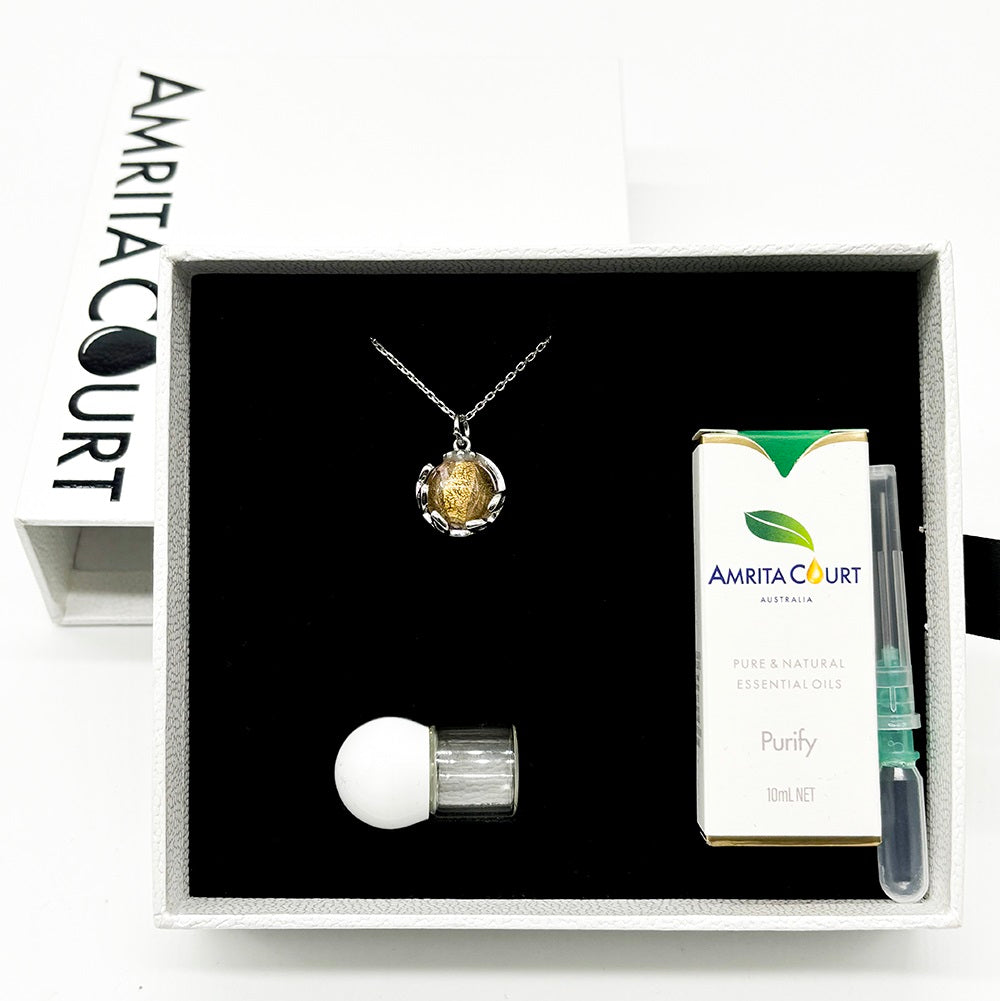 Gift Box - Aroma Necklace White Gold - Planet Nebula Nova (Pink) + Purify Oil Blend