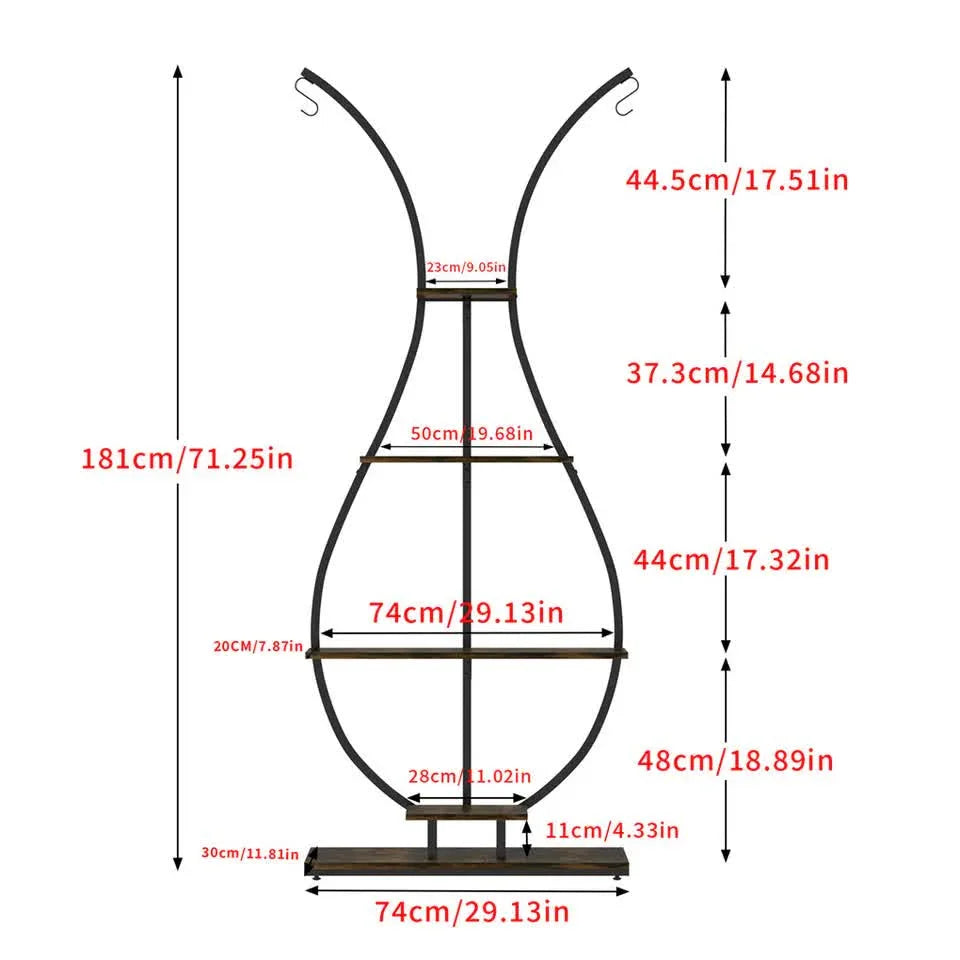 180Cm Tall Plant Stand Indoor Vase-Shape Metal Plant Shelf With Hanging Hooks