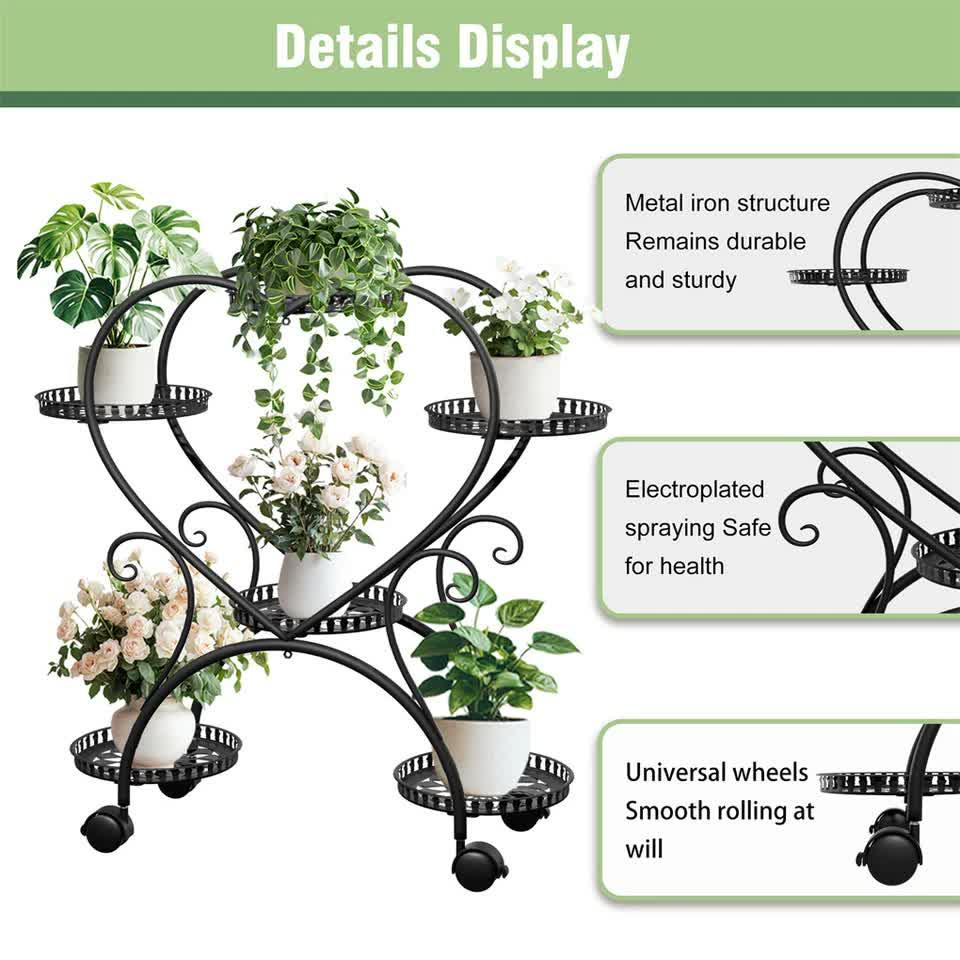 6 Potted Heart-shaped Metal Tall Plant Stand Rolling Garden Cart Flower Racks AU