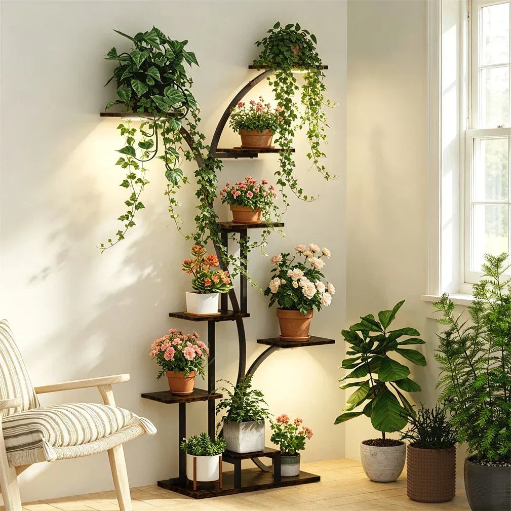 8 Tier Tree-Shaped Plant Stand Indoor Tall Plant Shelf Display Rack with Optional LED Grow Lights Metal MDF Flower Pot Holder