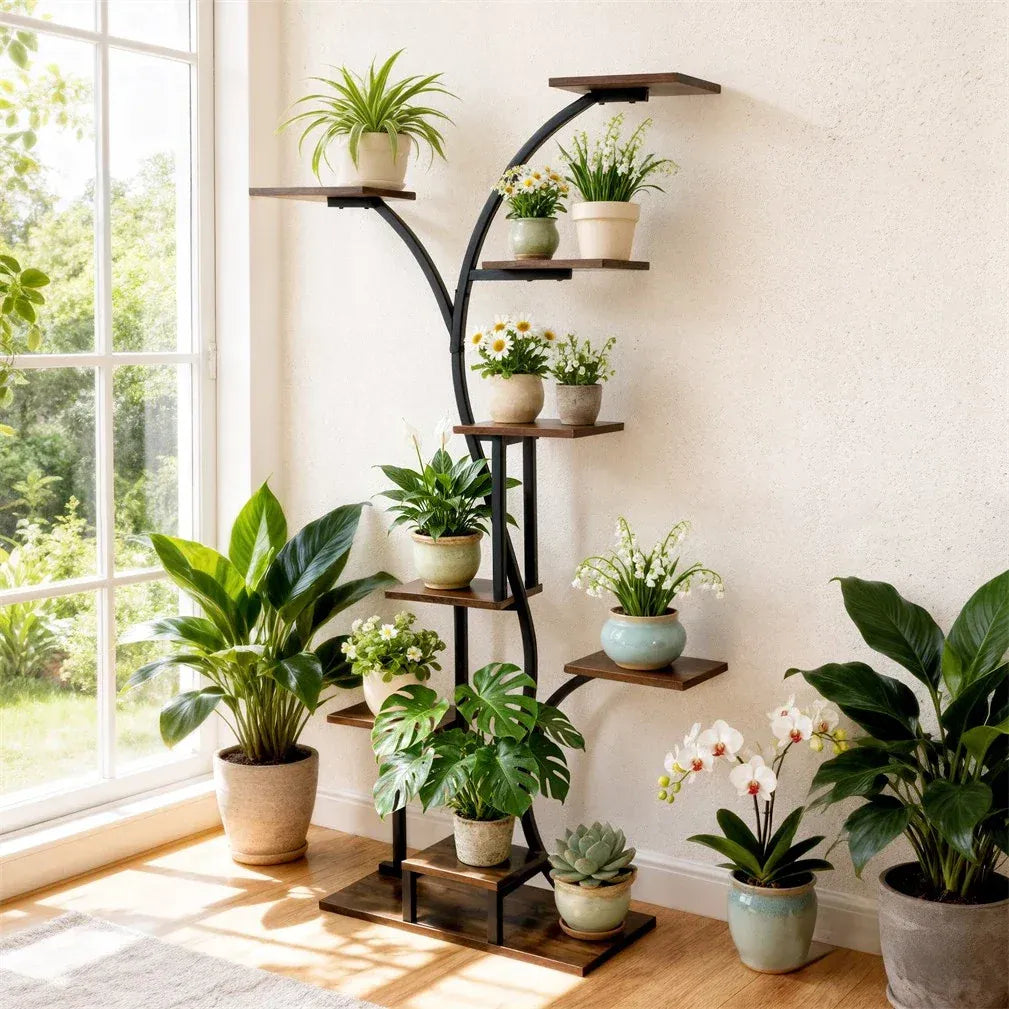 8 Tier Tree-Shaped Plant Stand Indoor Tall Plant Shelf Display Rack with Optional LED Grow Lights Metal MDF Flower Pot Holder