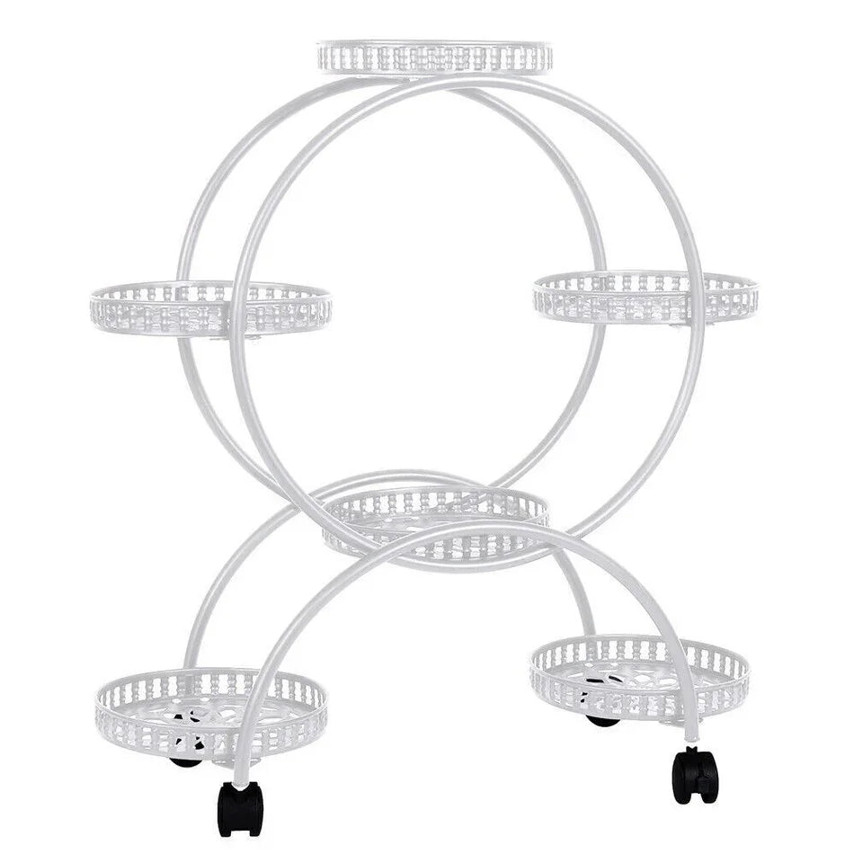 Fin White Metal Plant Stand 6-Potted Flower Pot Holder W Wheels 4 Tier Display Shelf