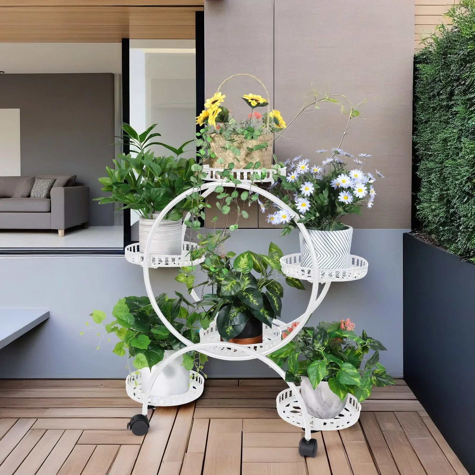 Fin White Metal Plant Stand 6-Potted Flower Pot Holder W Wheels 4 Tier Display Shelf
