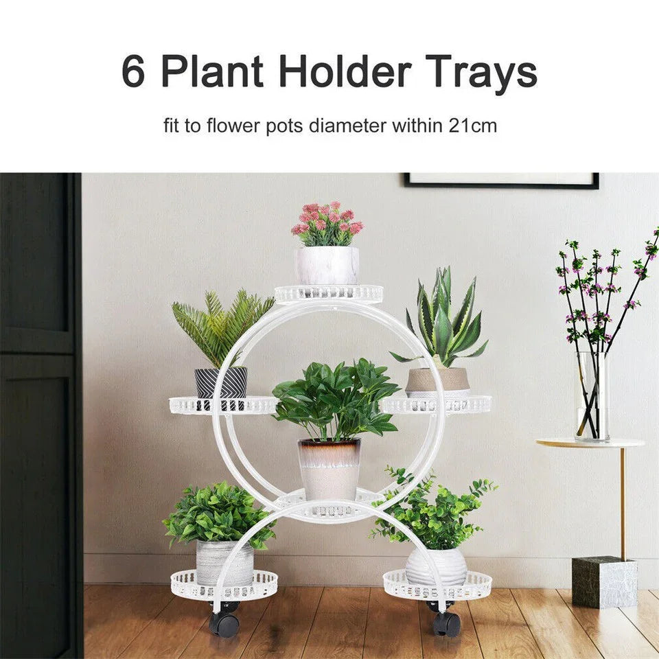Fin White Metal Plant Stand 6-Potted Flower Pot Holder W Wheels 4 Tier Display Shelf