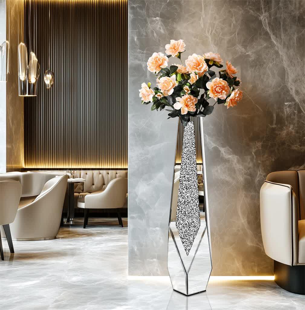 Silver Sparkling Diamond Floor Vase with Glass Inlay for Modern Living Room Decoration