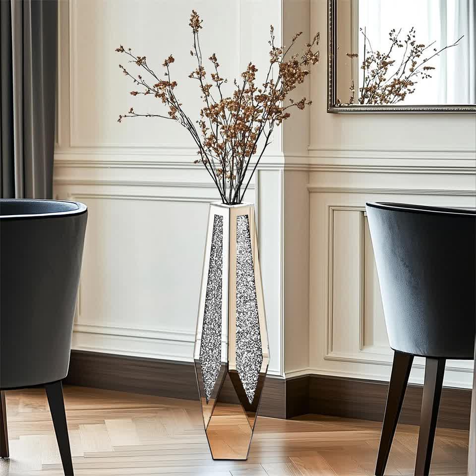 Silver Sparkling Diamond Floor Vase with Glass Inlay for Modern Living Room Decoration