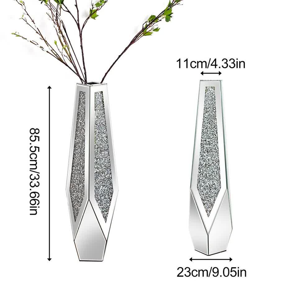 Silver Sparkling Diamond Floor Vase with Glass Inlay for Modern Living Room Decoration
