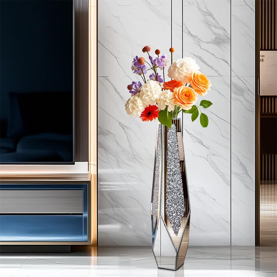 Silver Sparkling Diamond Floor Vase with Glass Inlay for Modern Living Room Decoration