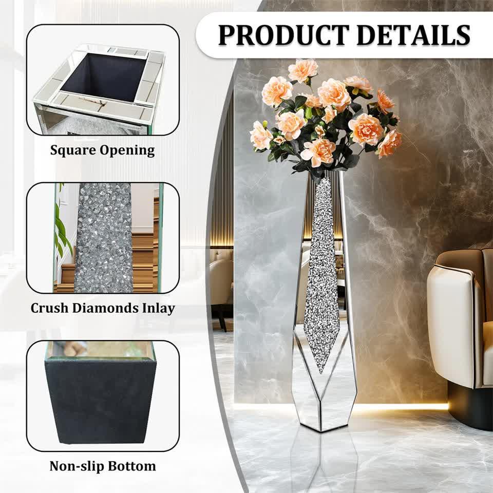 Silver Sparkling Diamond Floor Vase with Glass Inlay for Modern Living Room Decoration
