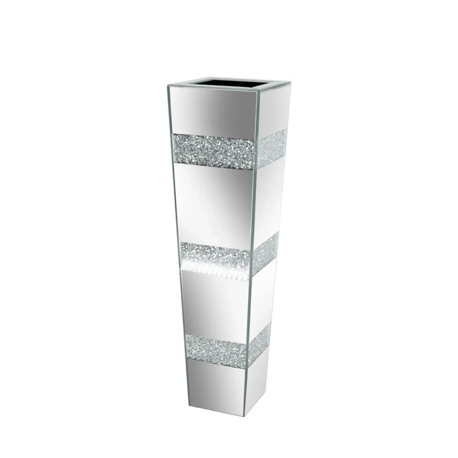 Silver Crushed Diamond Flower Vase with Mirrored Glass for Elegant Home Decoration
