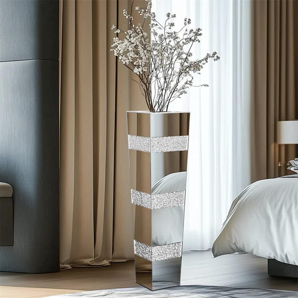 Silver Crushed Diamond Flower Vase with Mirrored Glass for Elegant Home Decoration