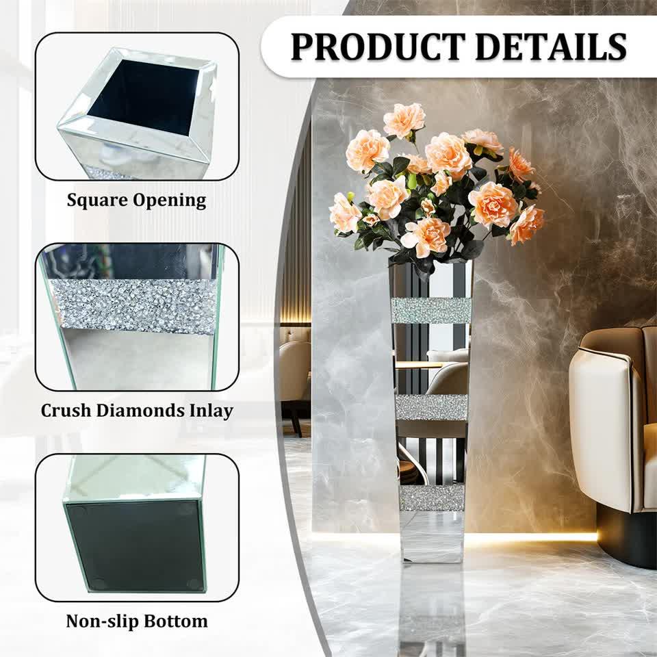 Silver Crushed Diamond Flower Vase with Mirrored Glass for Elegant Home Decoration