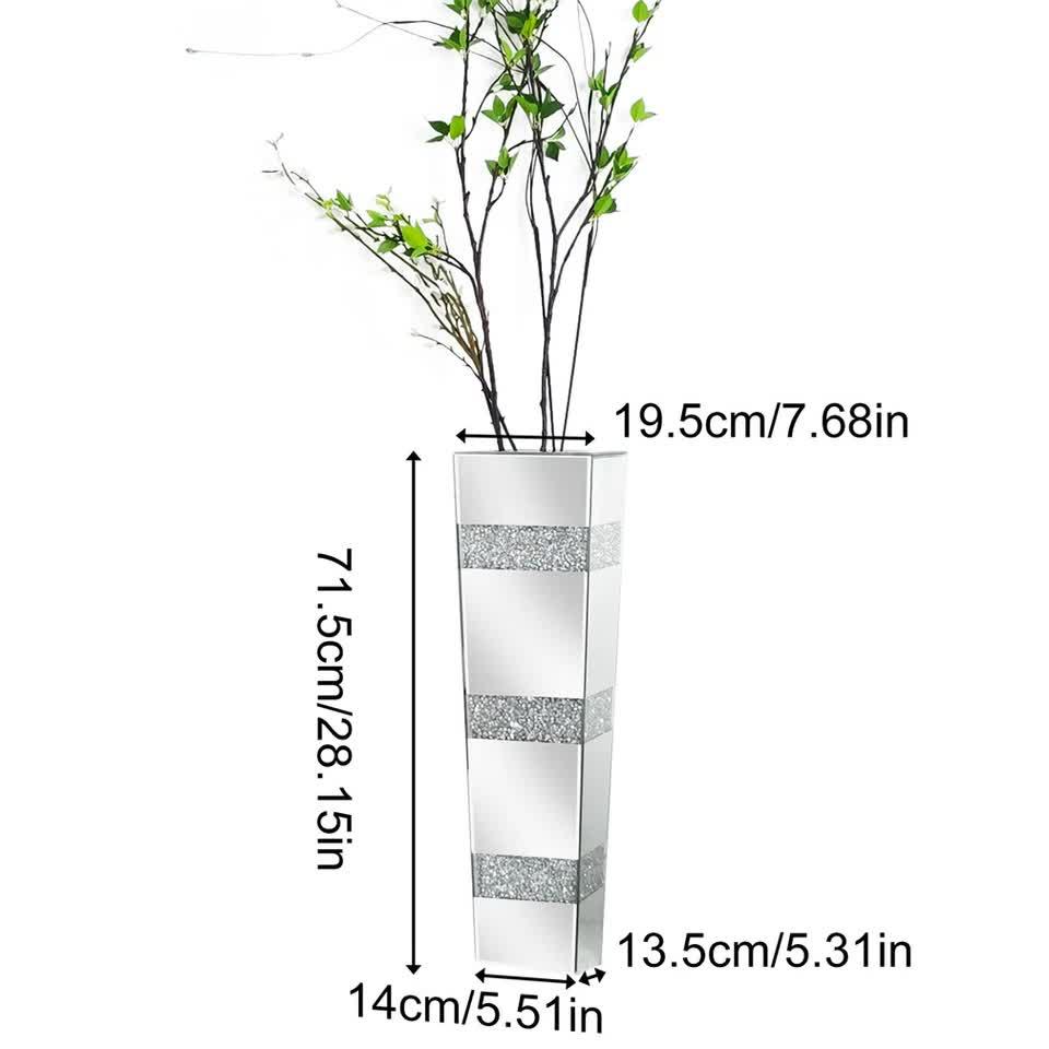 Silver Crushed Diamond Flower Vase with Mirrored Glass for Elegant Home Decoration