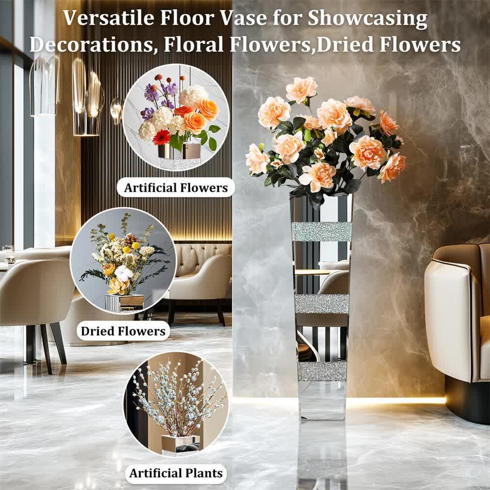 Silver Crushed Diamond Flower Vase with Mirrored Glass for Elegant Home Decoration