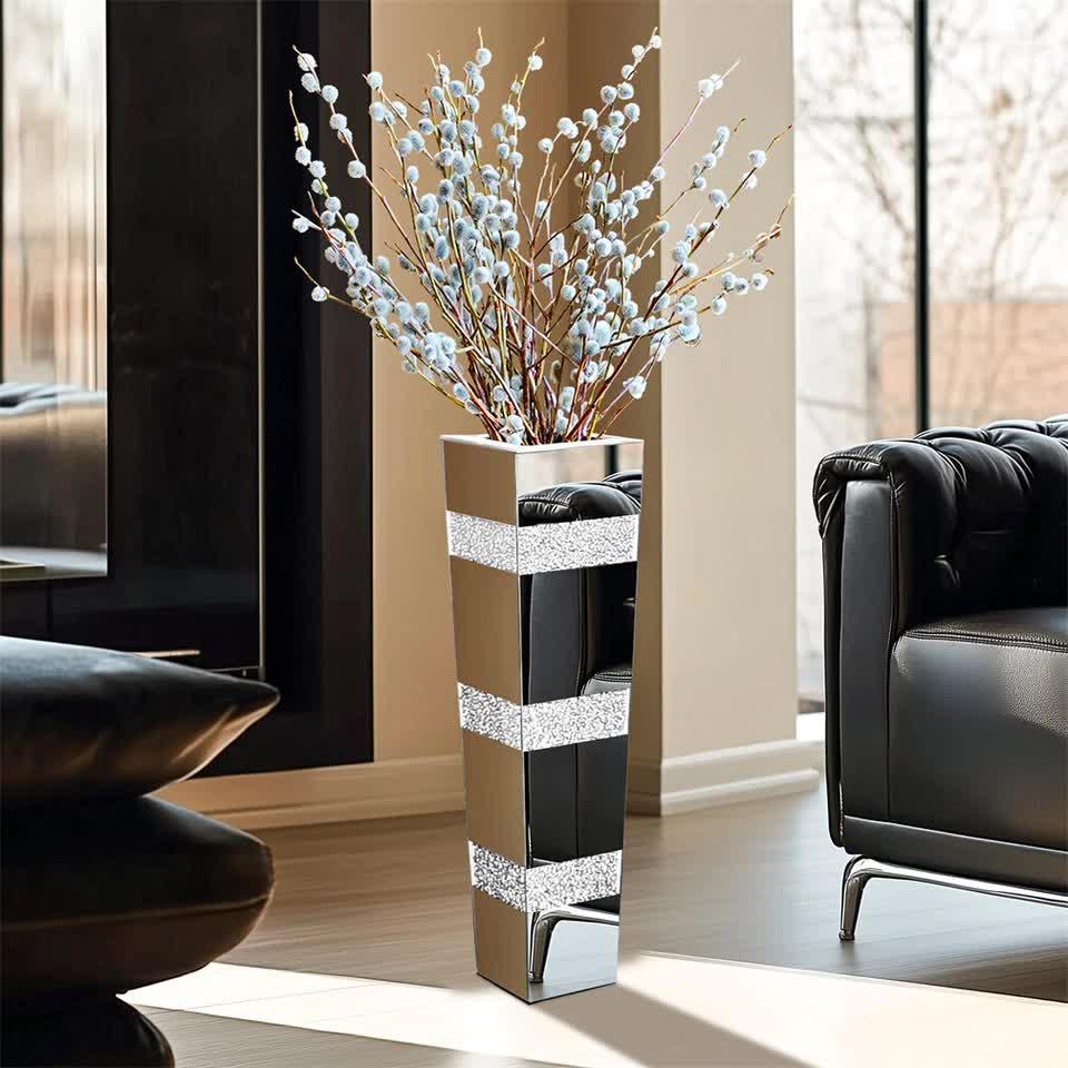 Silver Crushed Diamond Flower Vase with Mirrored Glass for Elegant Home Decoration