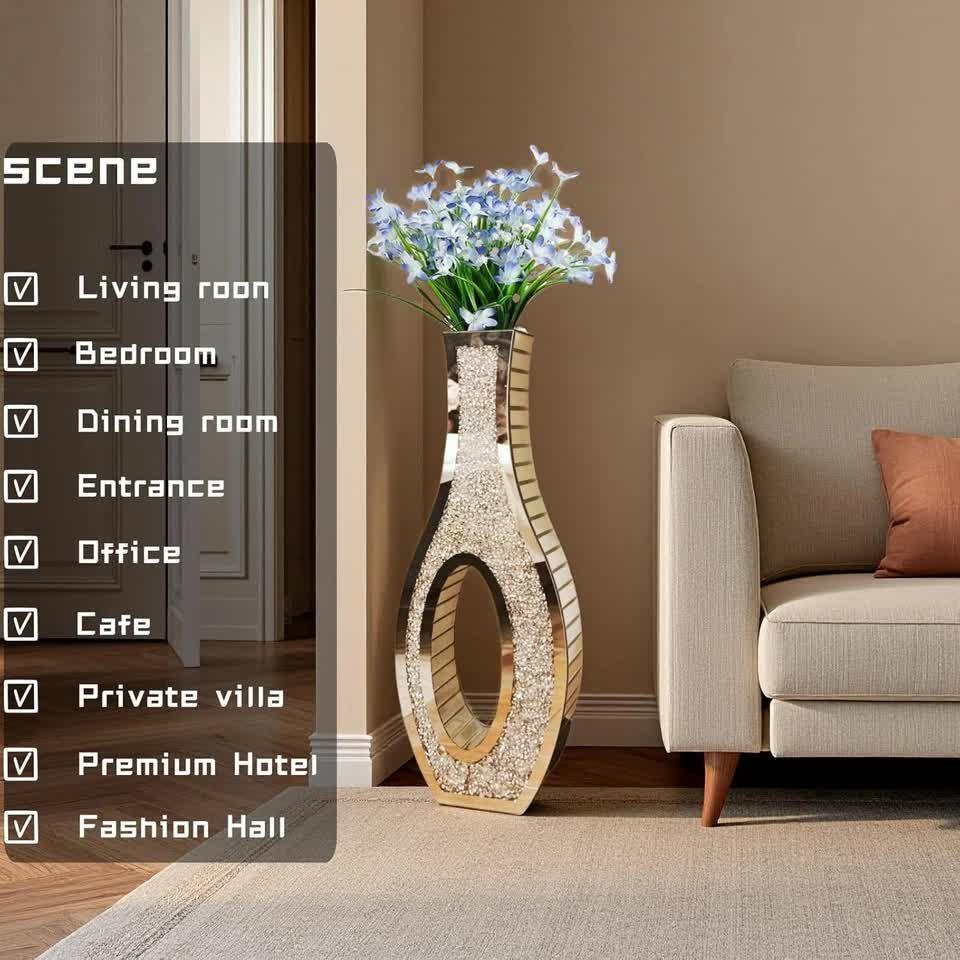 30-Inch Tall Double Sided Crushed Diamond Floor Vase Large Mirrored Silver Crystal Décor