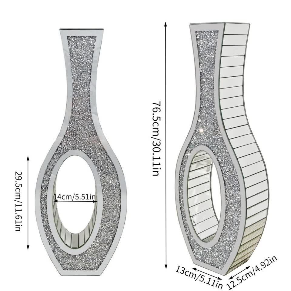 30-Inch Tall Double Sided Crushed Diamond Floor Vase Large Mirrored Silver Crystal Décor