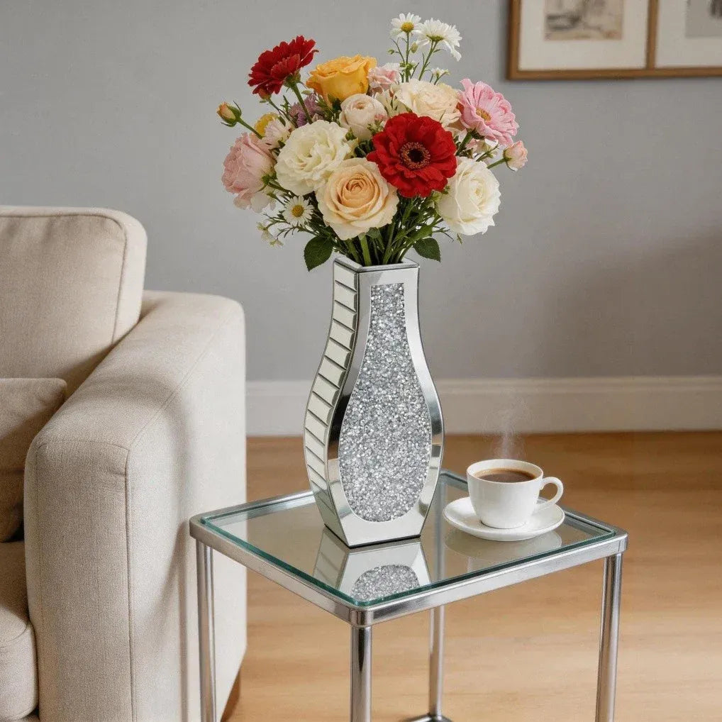 Silver Crushed Diamond Flower Vase Mirrored Glass Decorative Table Vase for Home Wedding Centerpieces
