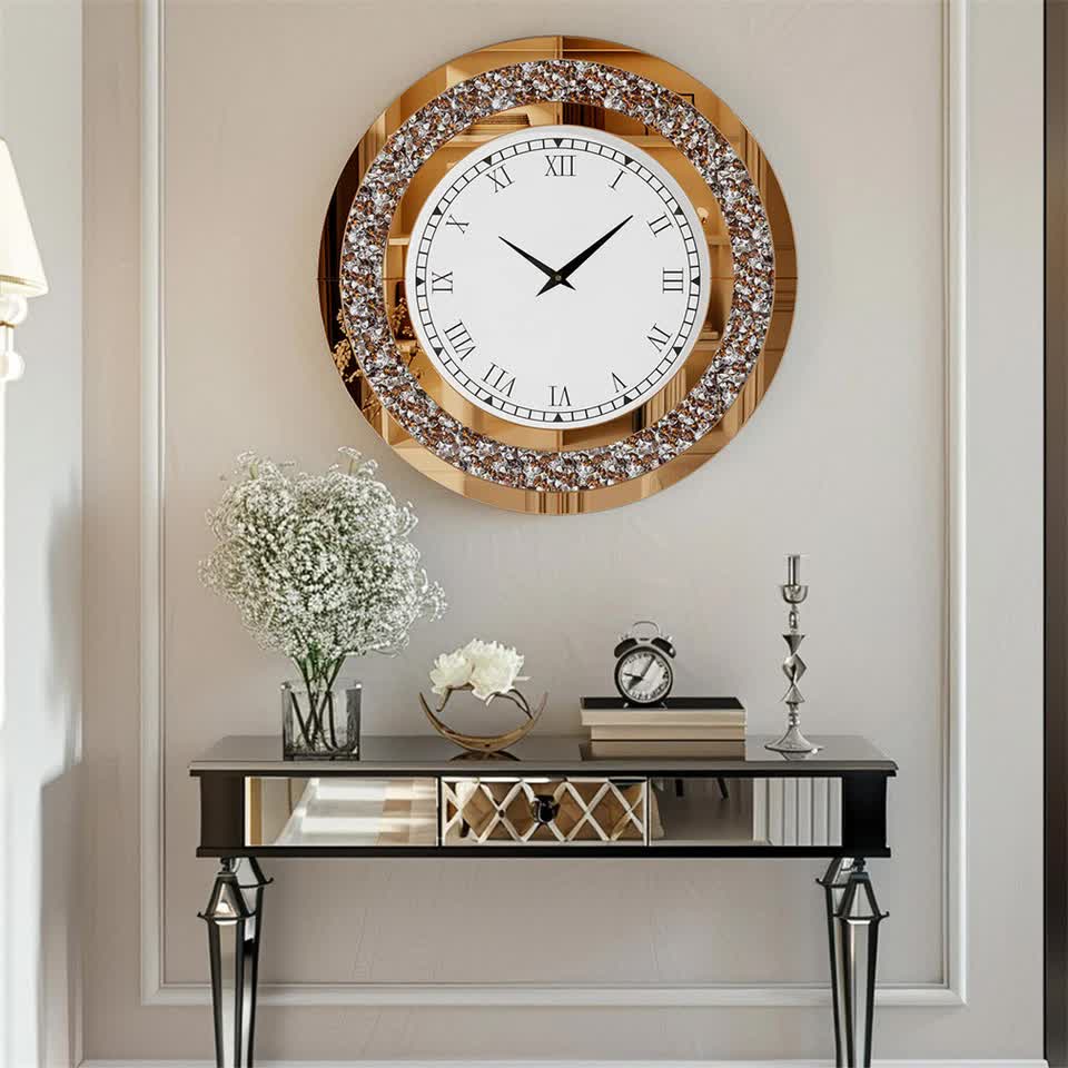 Brown Crushed Diamond Oversized Wall Clock Elegant Accent 80x80cm