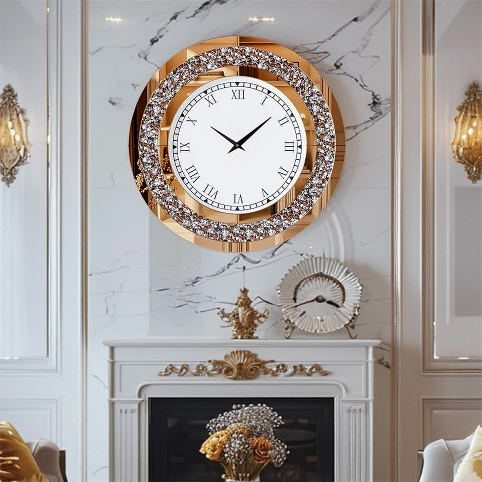 Brown Crushed Diamond Oversized Wall Clock Elegant Accent 80x80cm