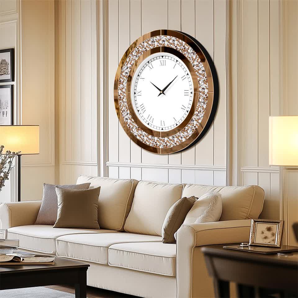 Brown Crushed Diamond Oversized Wall Clock Elegant Accent 80x80cm