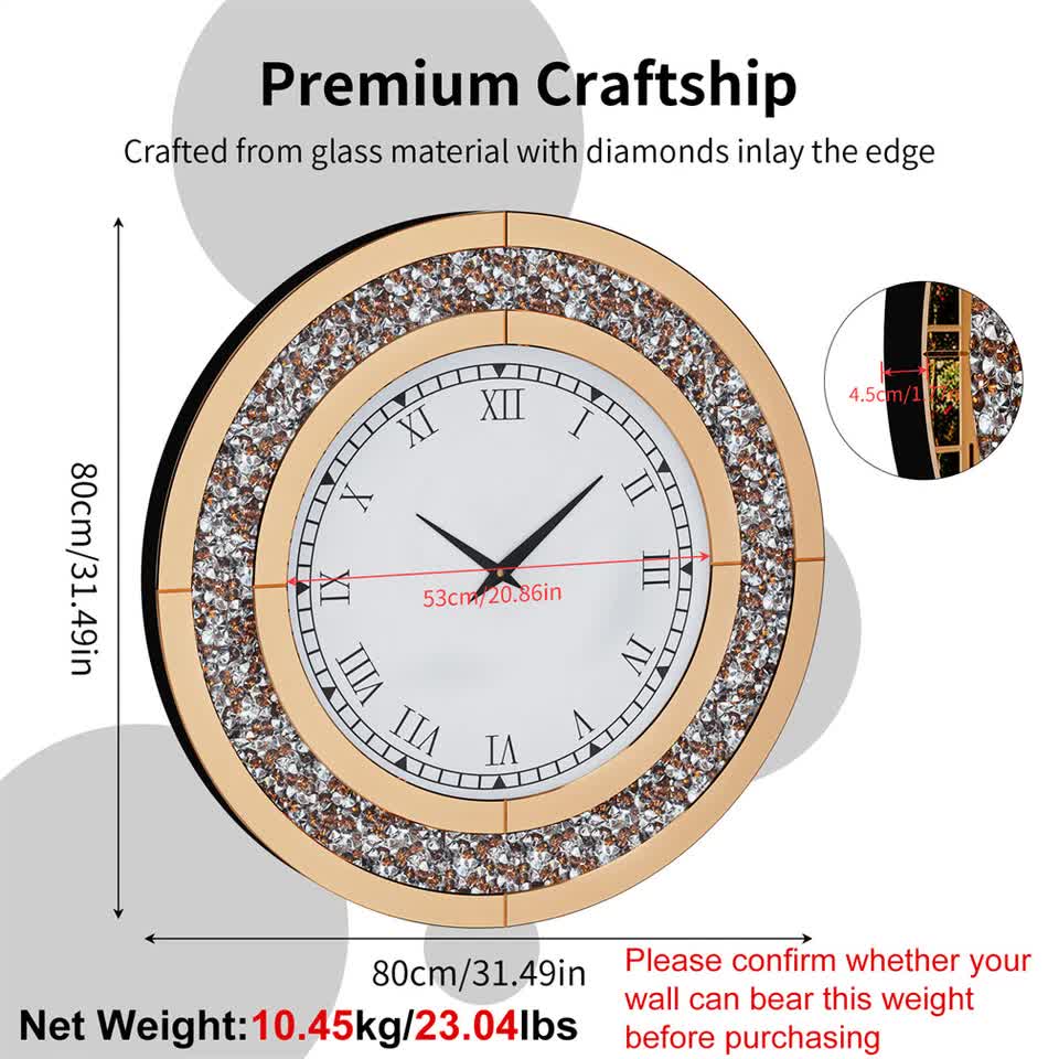 Brown Crushed Diamond Oversized Wall Clock Elegant Accent 80x80cm