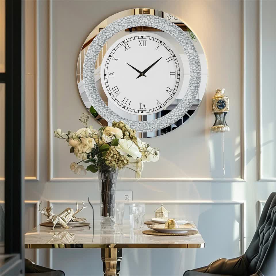 Silver Crushed Diamond Square Wall Clock Luxury Decorative 60x60cm