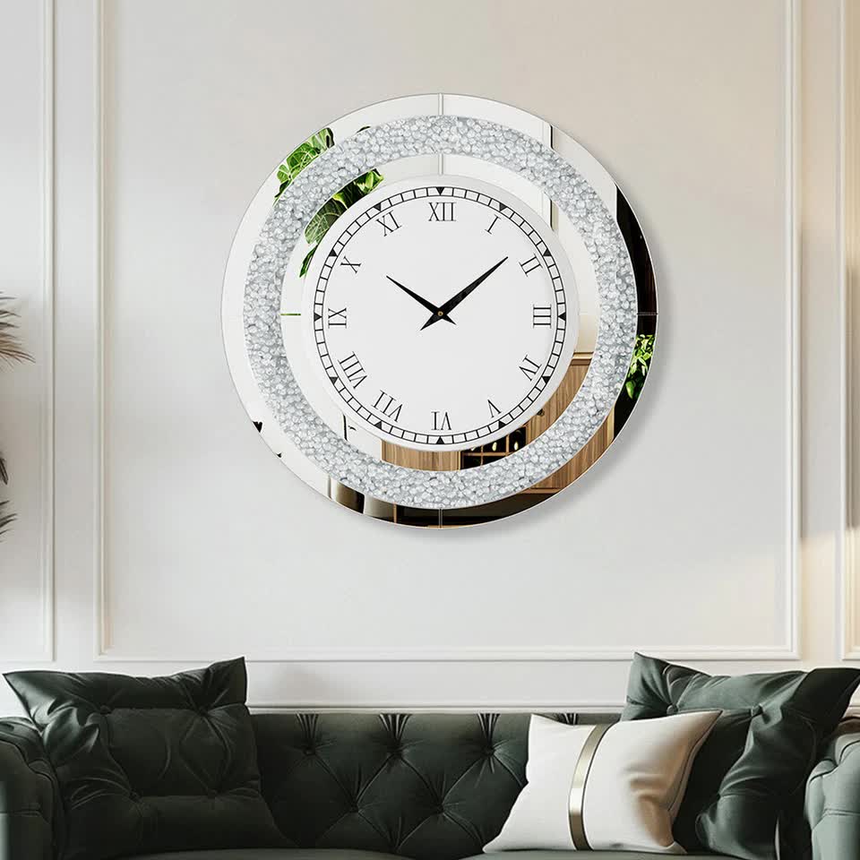 Silver Crushed Diamond Square Wall Clock Luxury Decorative 60x60cm