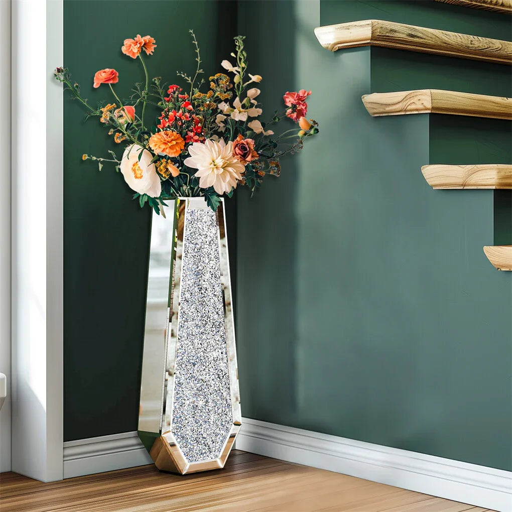 Silver Mirrored Floor Vase Luxury Diamond Flower Vase Living Room Home Office