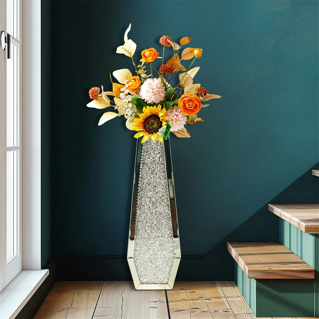Silver Mirrored Floor Vase Luxury Diamond Flower Vase Living Room Home Office