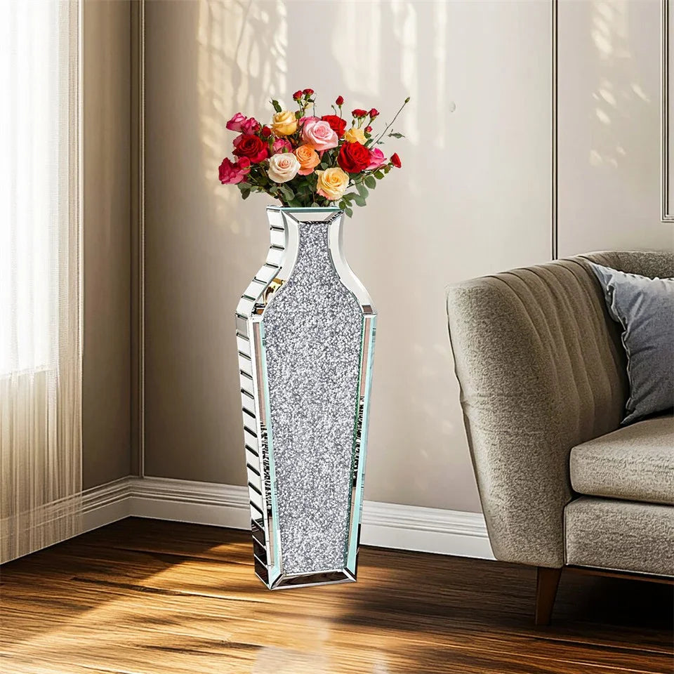 Sparkling Crushed Diamond Mirrored Floor Vase Tall Silver Glass Fake Flower Vase